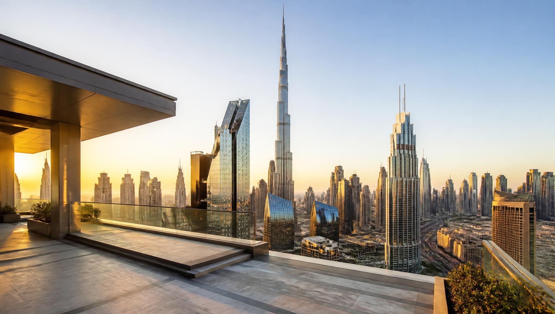 Dubai high-rise rooftops at golden hour, representing large-scale waterproofing projects