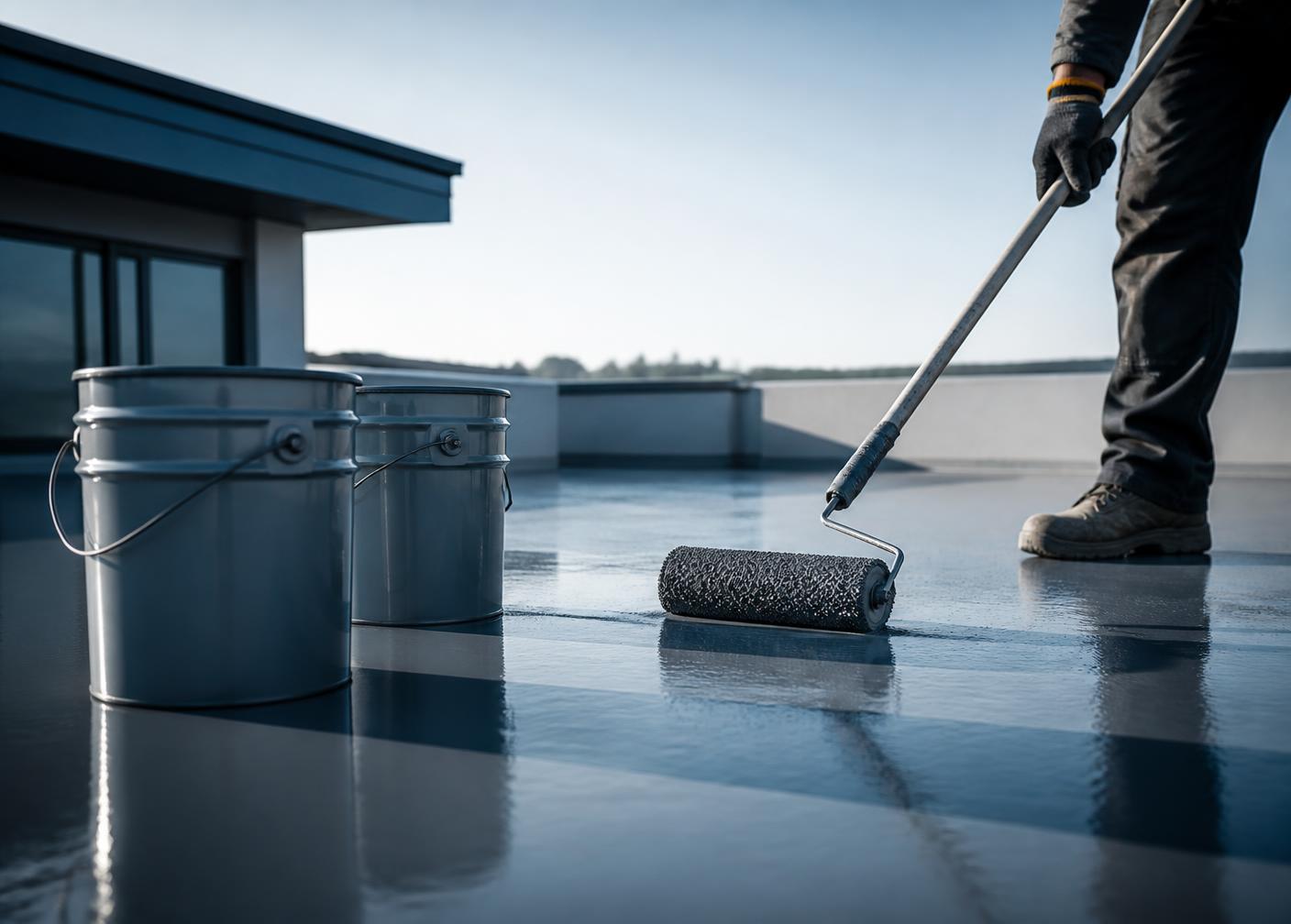 Professional liquid waterproofing membrane being applied on a flat rooftop