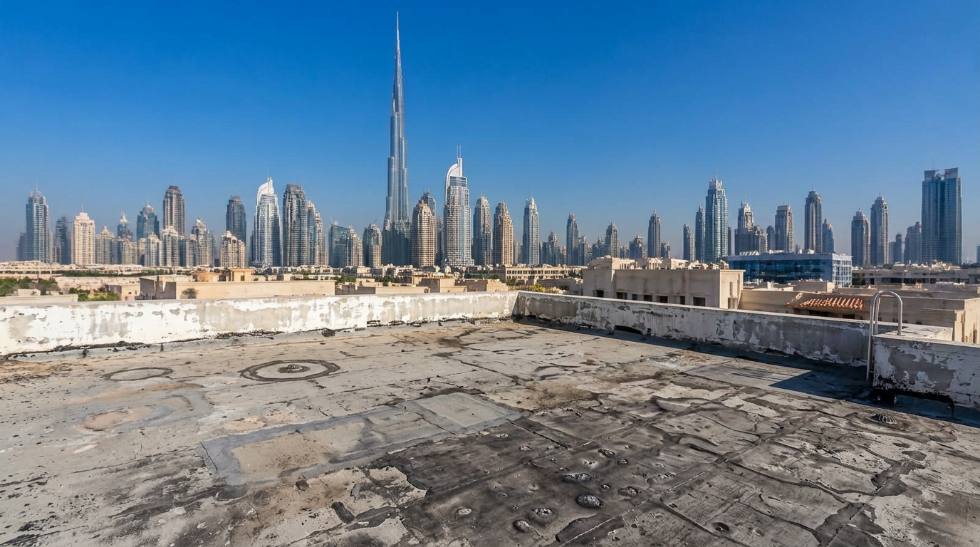 The same Dubai rooftop before waterproofing — cracked screed, aged bitumen patches and ponding marks