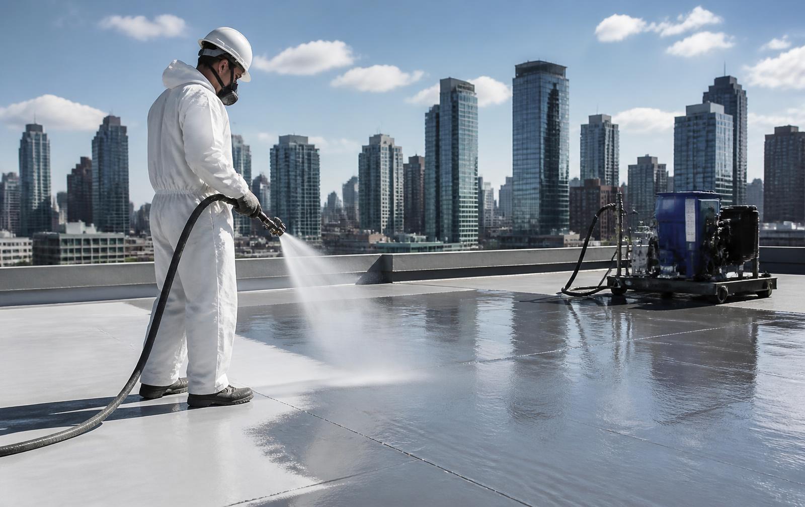 Technician spray-applying a liquid waterproofing membrane on a large flat roof