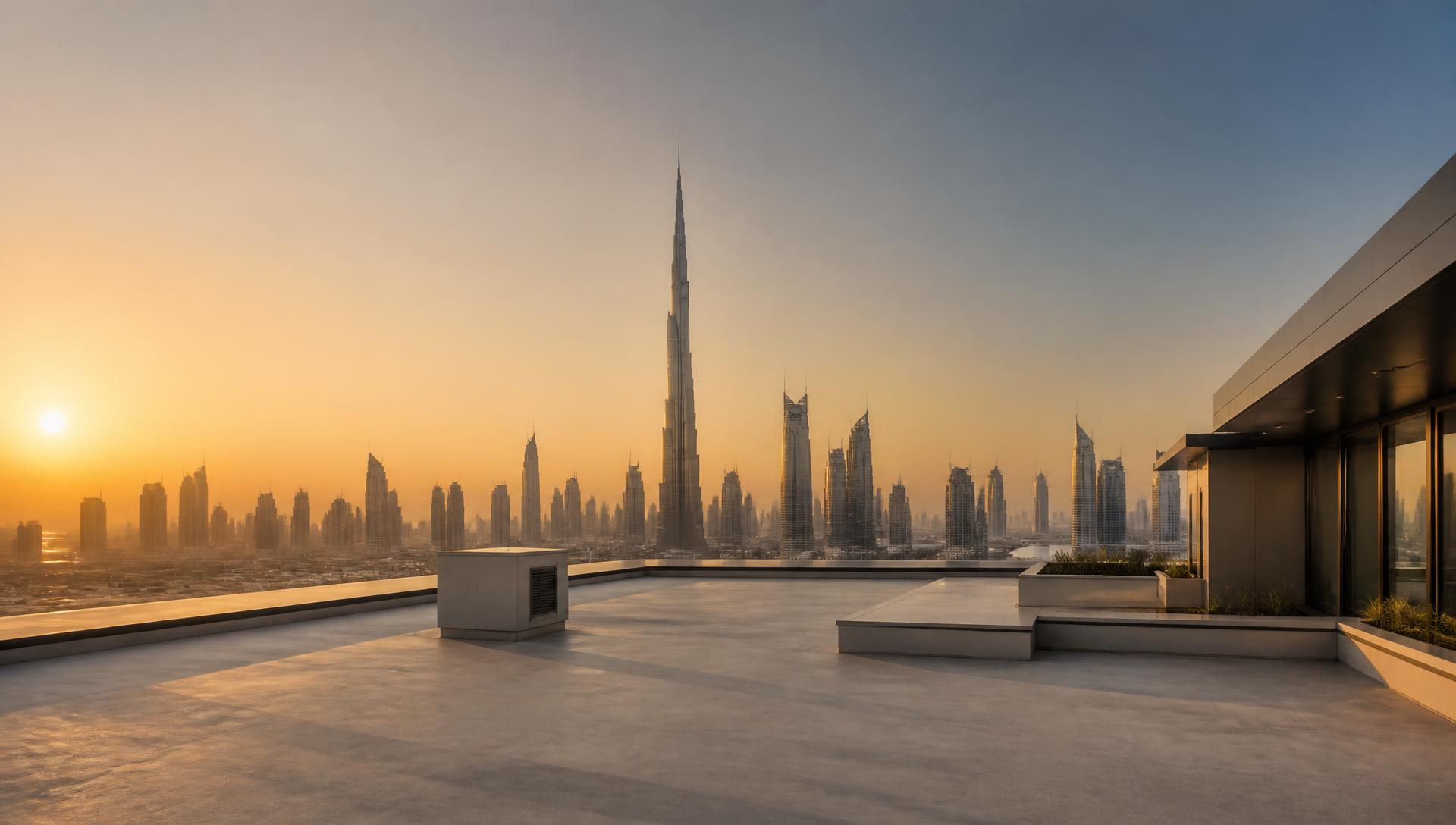 Dubai rooftop with a white reflective waterproof coating and the city skyline behind it