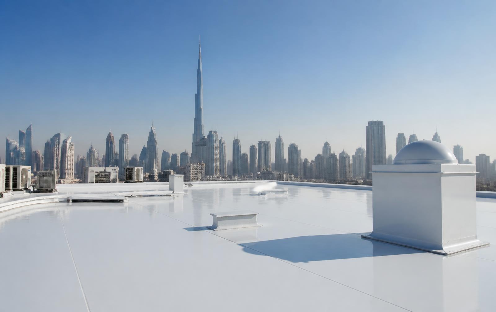 Bright white reflective coated rooftop in Dubai under strong sunlight with the city skyline behind